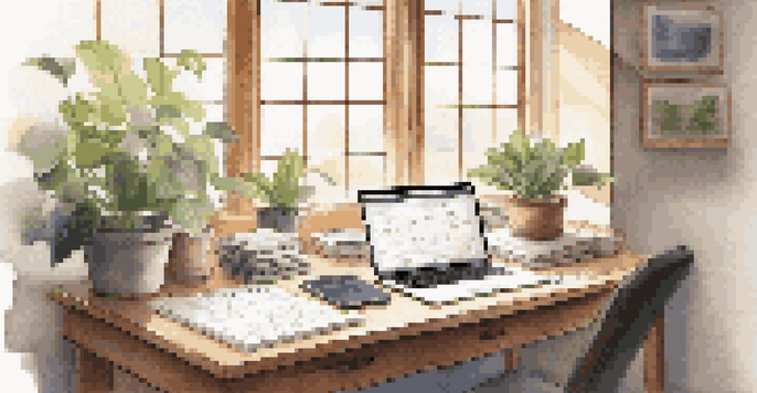 A cozy professional workspace featuring a wooden desk with an open laptop, notebooks, and a plant, illuminated by soft natural light.