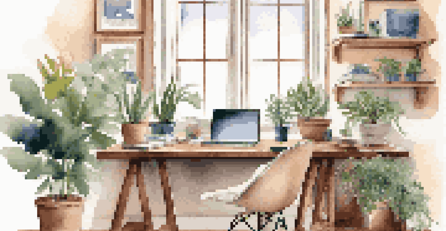 A cozy home office with a wooden desk, an open laptop, and houseplants, illuminated by natural light from a window.
