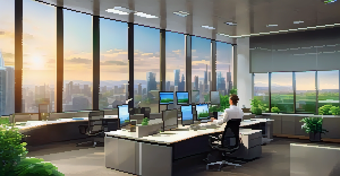 A modern finance office with a city skyline view, multiple screens showing financial data, and a person in business attire analyzing data.