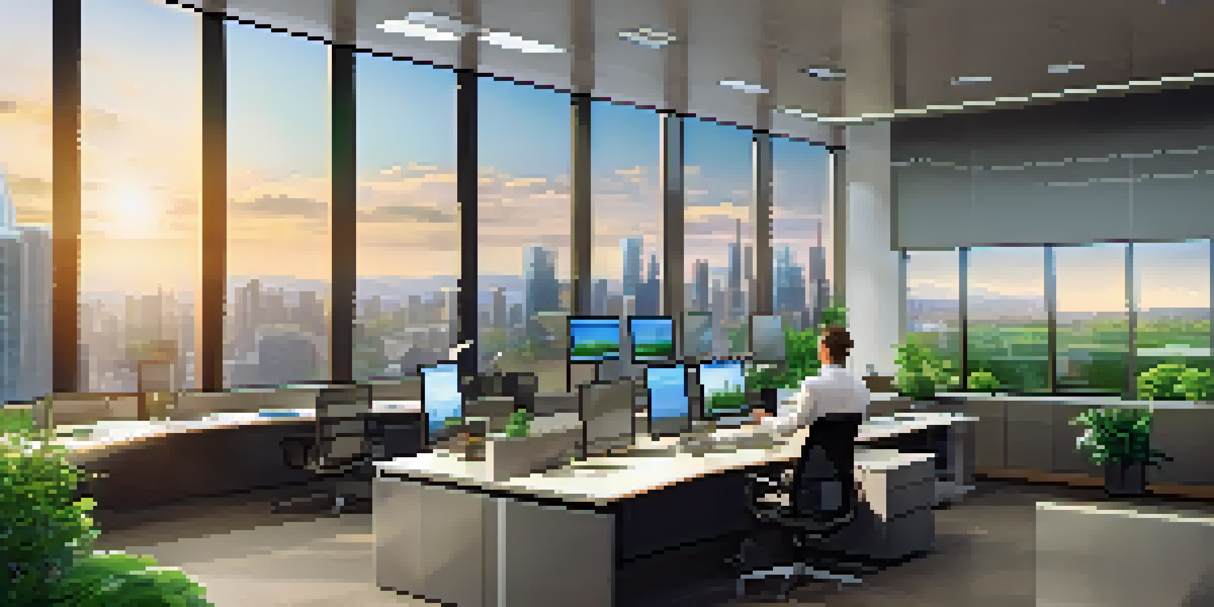 A modern finance office with a city skyline view, multiple screens showing financial data, and a person in business attire analyzing data.