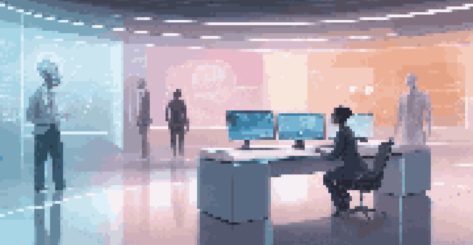 A futuristic workspace featuring a holographic AI assistant helping a sales representative with customer data.