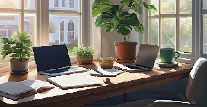 A peaceful desk setup with a laptop, notepad, and coffee, illuminated by sunlight from a window, with a potted plant and motivational quotes in the background.