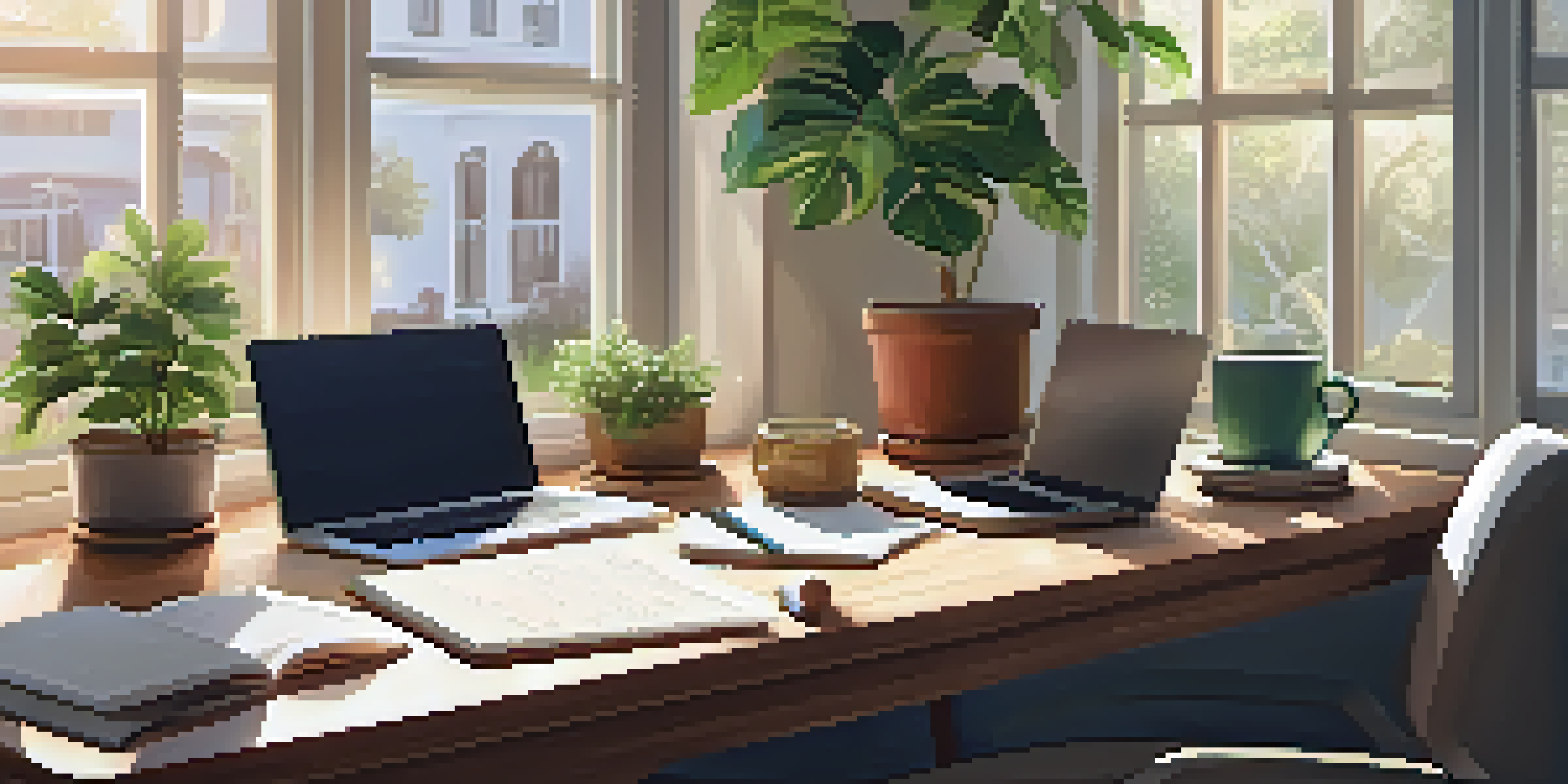 A peaceful desk setup with a laptop, notepad, and coffee, illuminated by sunlight from a window, with a potted plant and motivational quotes in the background.