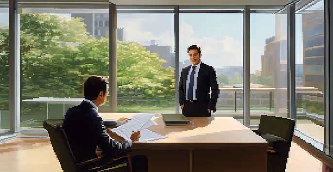 A well-dressed candidate sitting across from an interviewer in a professional office setting, holding documents and a notepad on the table.