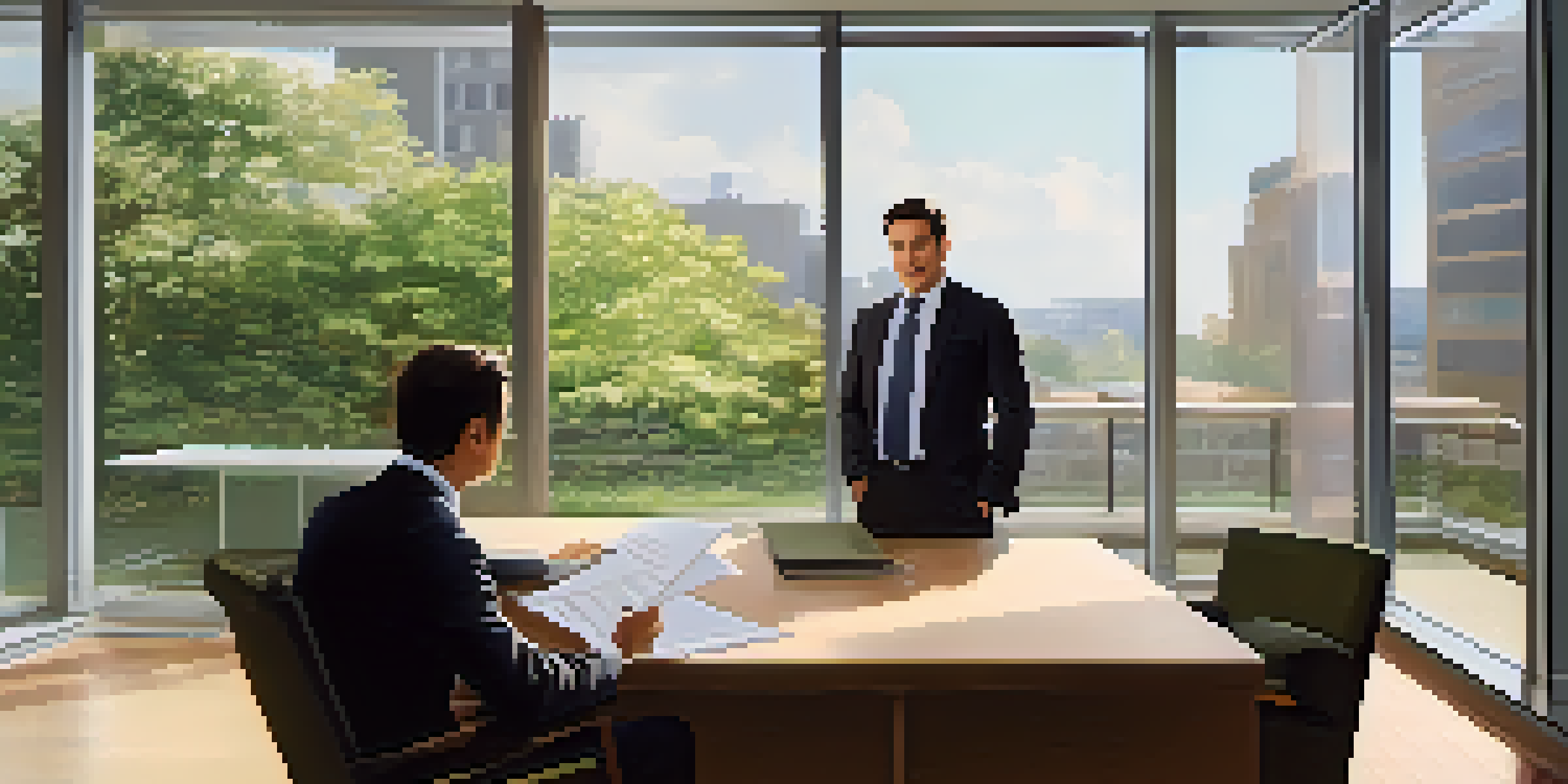 A well-dressed candidate sitting across from an interviewer in a professional office setting, holding documents and a notepad on the table.