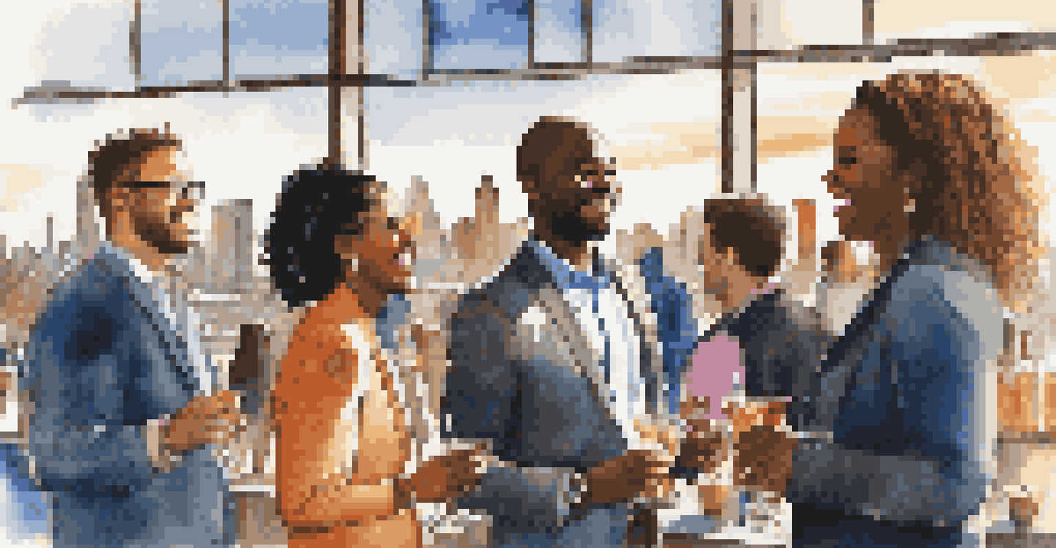 A diverse group of young professionals networking at an event, with city skyline visible in the background.