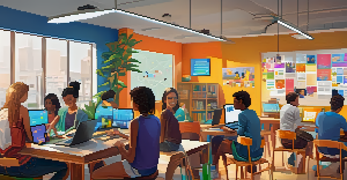 A diverse group of students learning online, using laptops and tablets in a bright and colorful classroom.