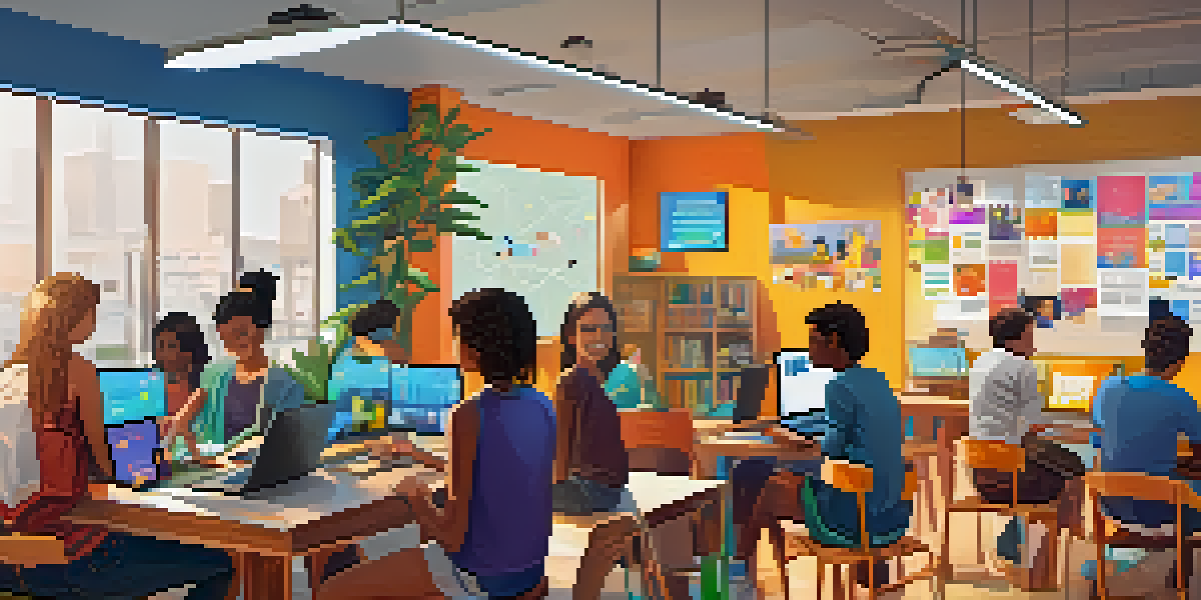 A diverse group of students learning online, using laptops and tablets in a bright and colorful classroom.