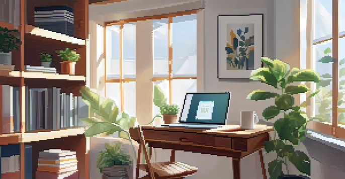 A cozy workspace with a laptop, coffee, and a plant, illuminated by sunlight from a window.