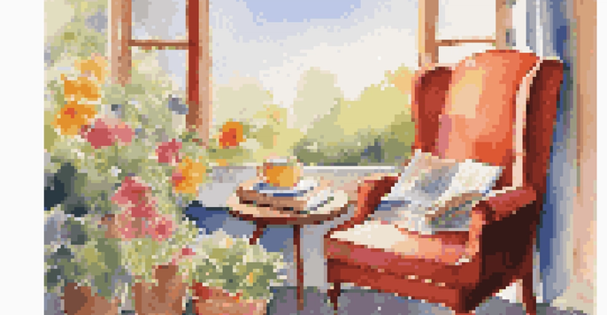 A cozy reading nook by a window with a plush armchair, a cup of tea on a table, and colorful books, surrounded by a blooming garden outside.