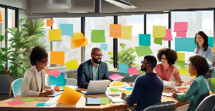 A diverse group of professionals collaborating in a bright office space, surrounded by sticky notes and laptops, engaged in a brainstorming session.