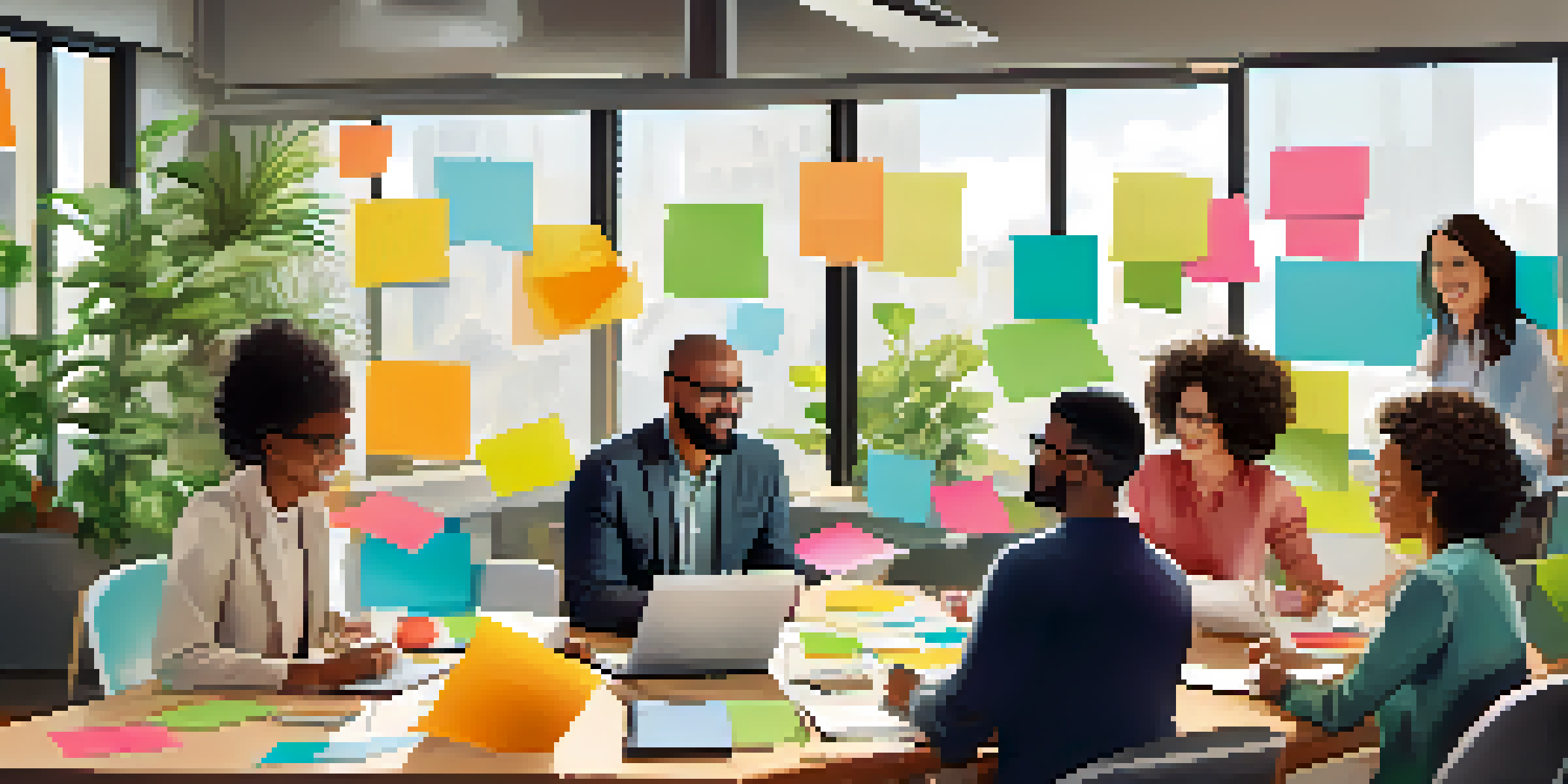 A diverse group of professionals collaborating in a bright office space, surrounded by sticky notes and laptops, engaged in a brainstorming session.