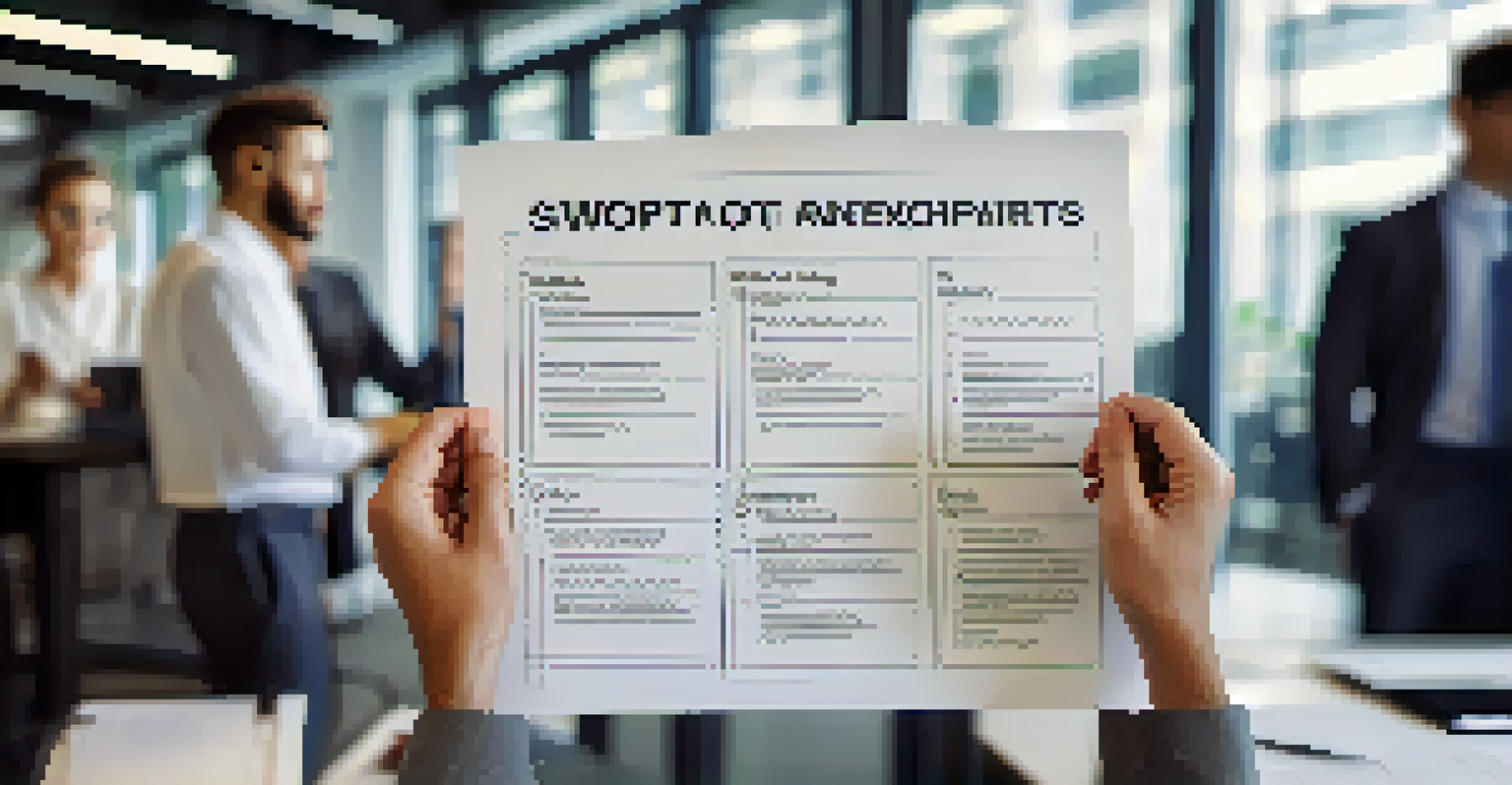 Close-up of hands holding a SWOT analysis chart with highlighted sections, in a modern office environment.