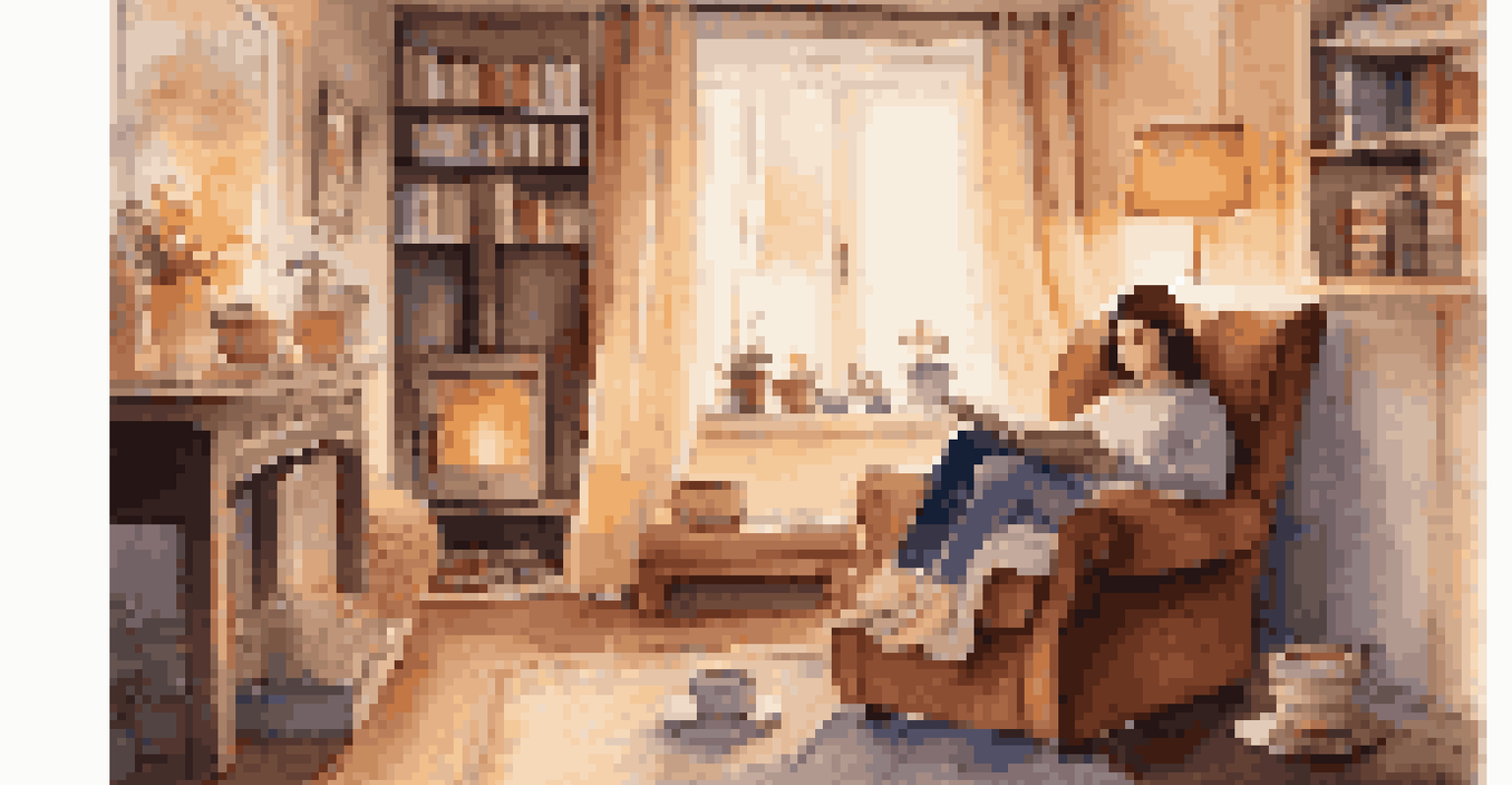 A person relaxing in a chair with a book and tea, surrounded by a cozy atmosphere.