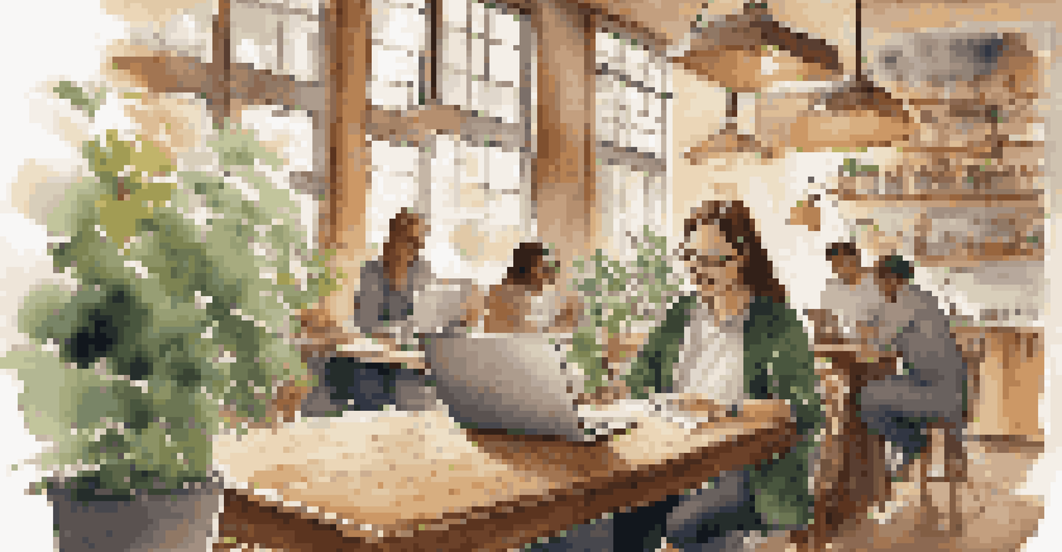A person working on a laptop in a cozy coffee shop, engaging in online networking, surrounded by warm lighting and wooden furniture.