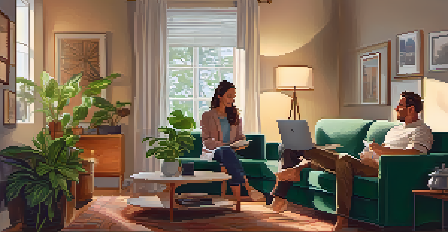 A couple discussing finances in a cozy living room with a laptop and financial documents on a coffee table.