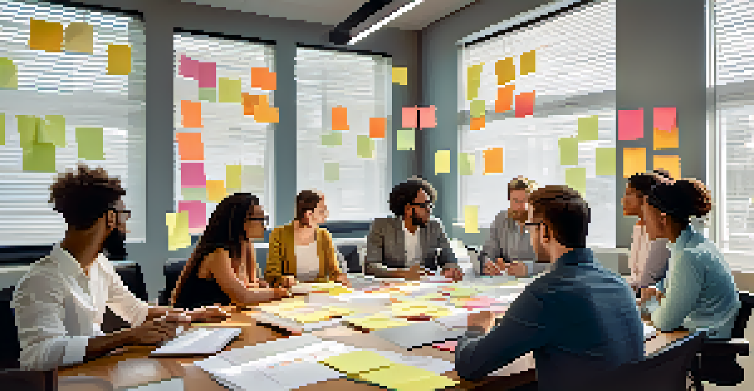 A diverse group of colleagues collaborating around a conference table with sticky notes and laptops.