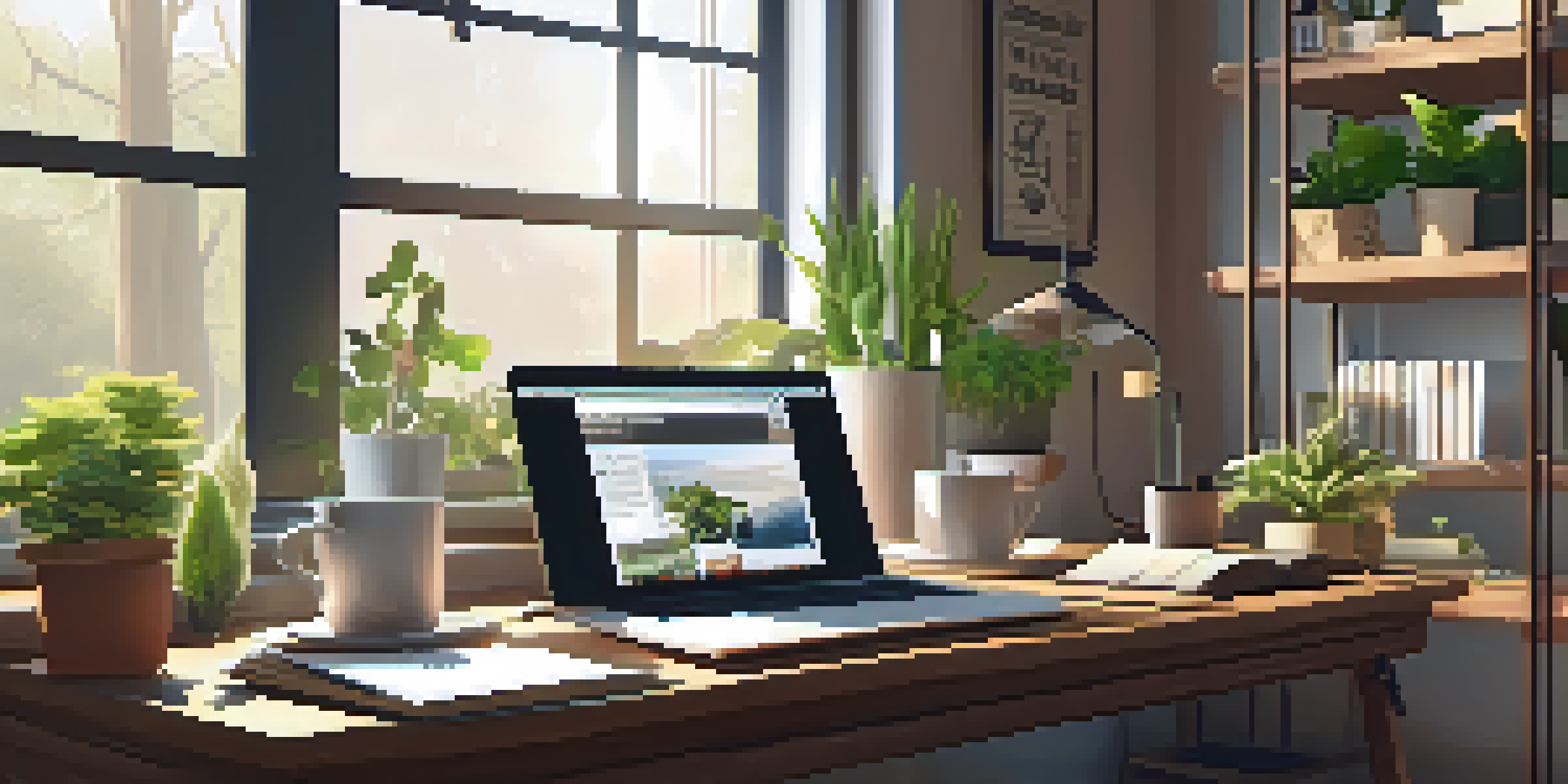A cozy workspace with a laptop, plants, a coffee cup, and a bookshelf, illuminated by soft morning light.