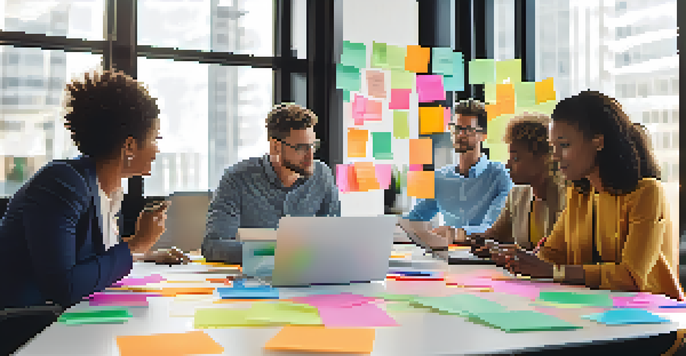A diverse group of professionals in a brainstorming session, surrounded by sticky notes and laptops, with natural light illuminating the room.