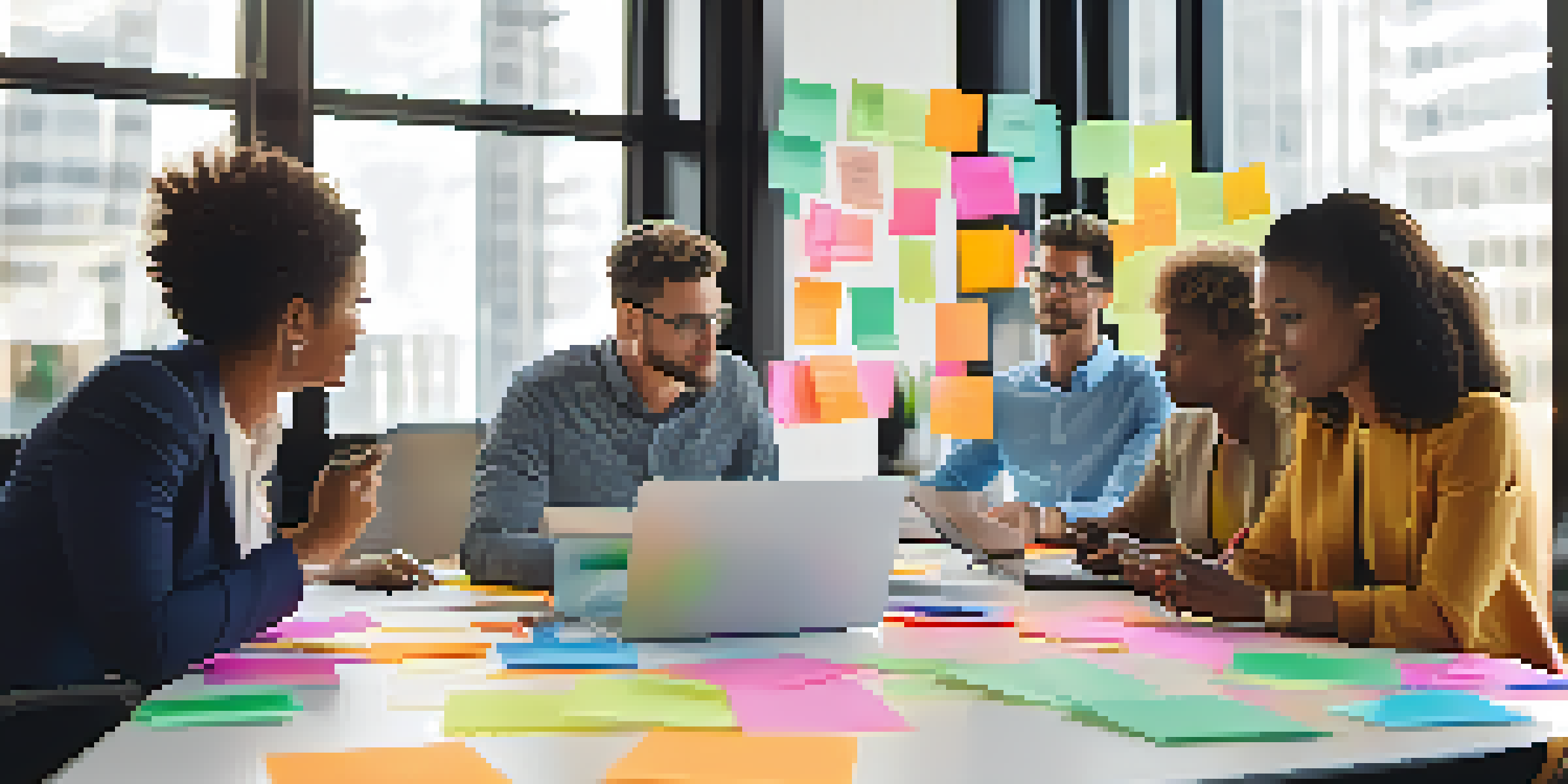 A diverse group of professionals in a brainstorming session, surrounded by sticky notes and laptops, with natural light illuminating the room.