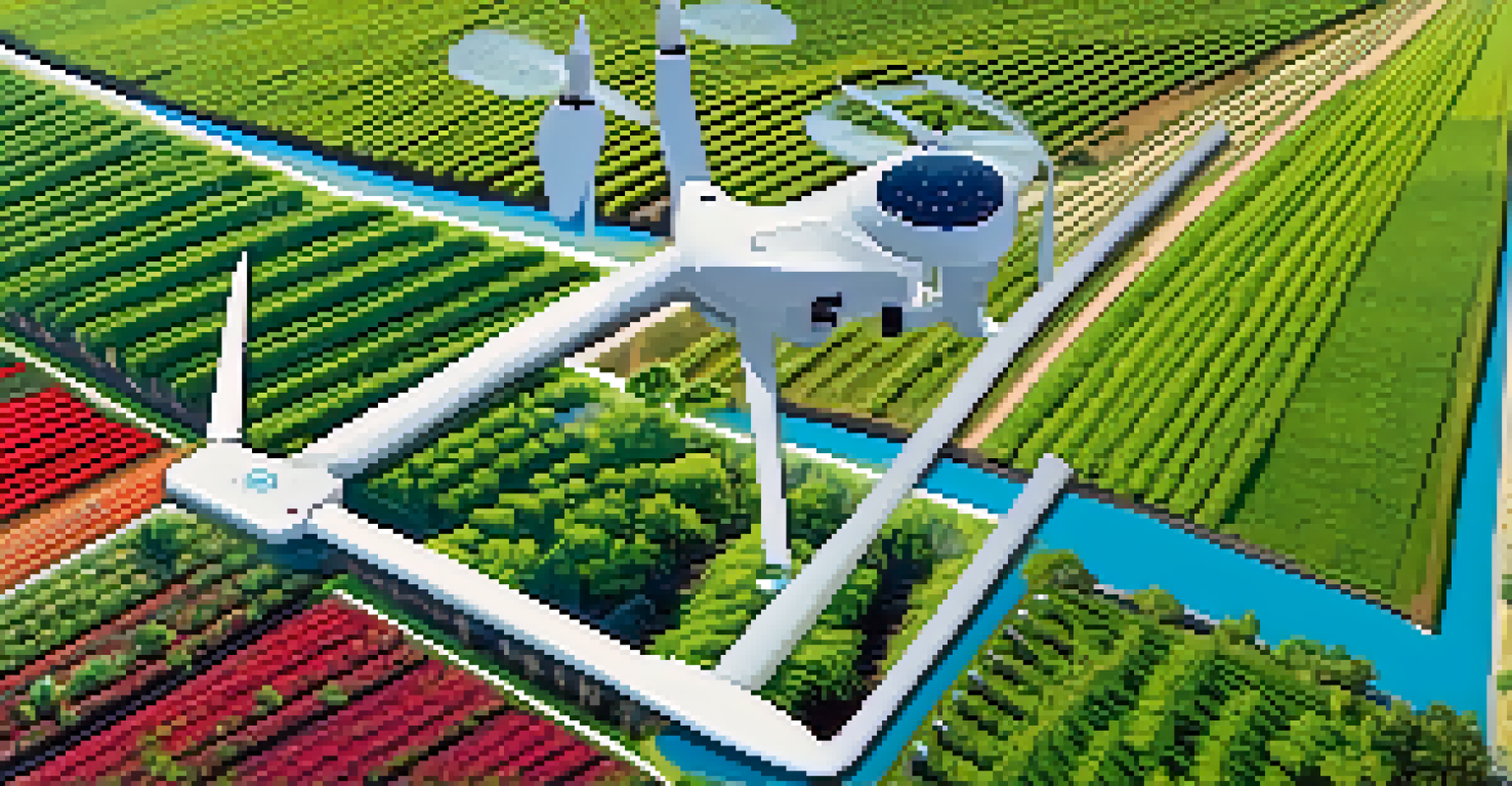 An agricultural field with IoT devices like drones and sensors monitoring crops under a clear blue sky.