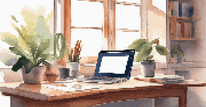 A modern freelancer's workspace with a laptop, colorful stationery, a potted plant, and a cup of coffee, illuminated by sunlight.