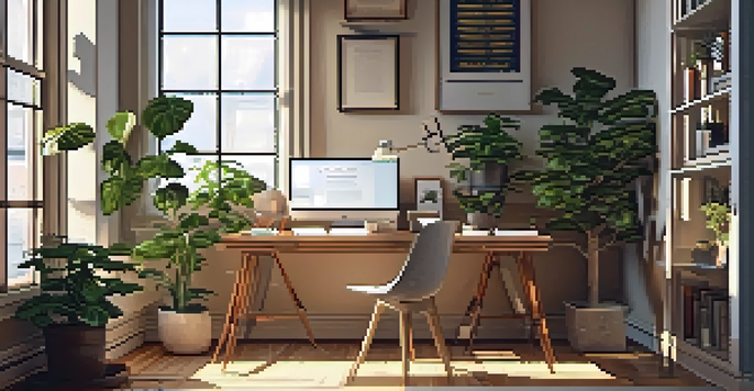 A modern workspace with a laptop and notebooks, illuminated by sunlight filtering through a window, surrounded by plants.