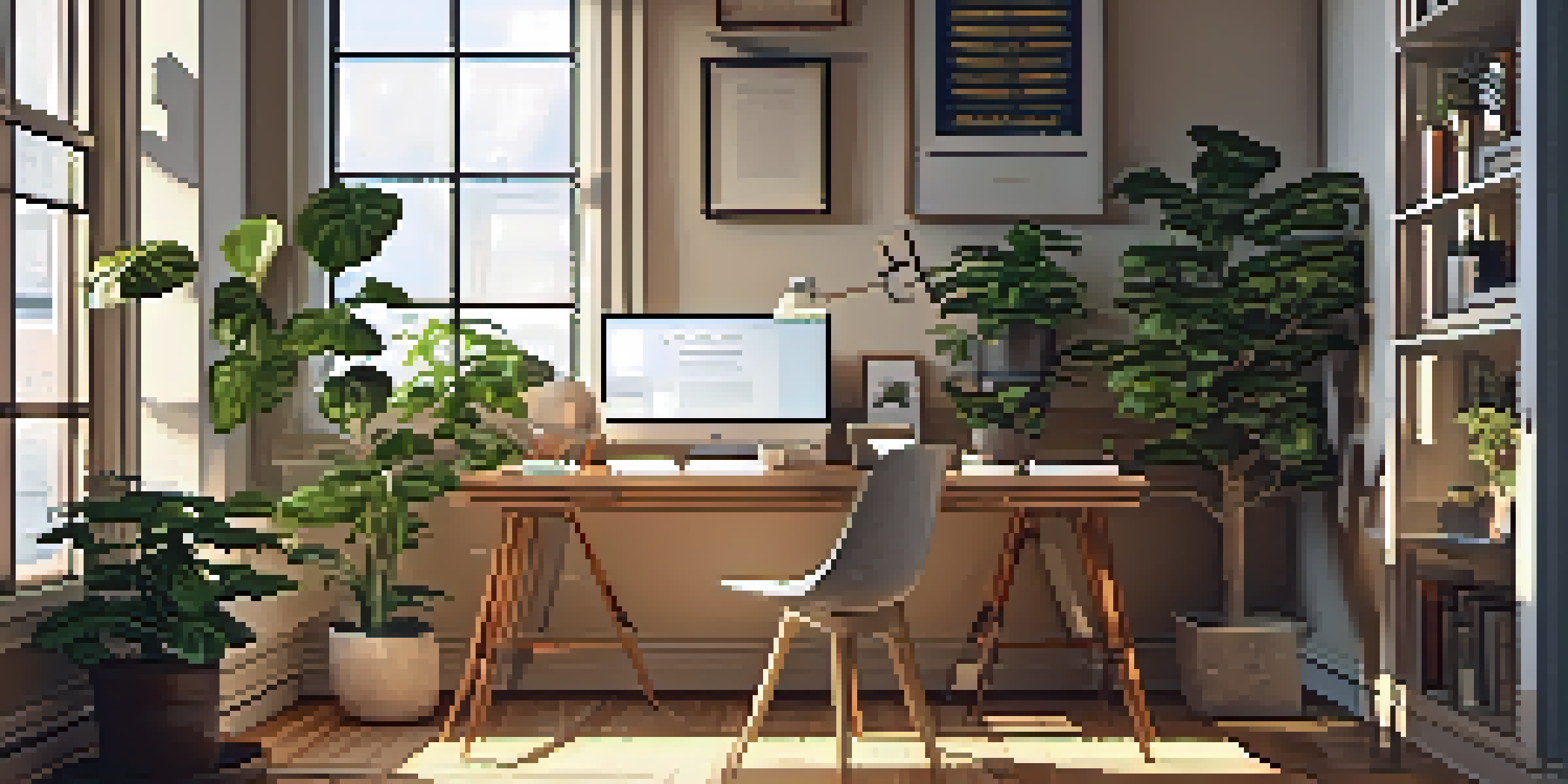 A modern workspace with a laptop and notebooks, illuminated by sunlight filtering through a window, surrounded by plants.
