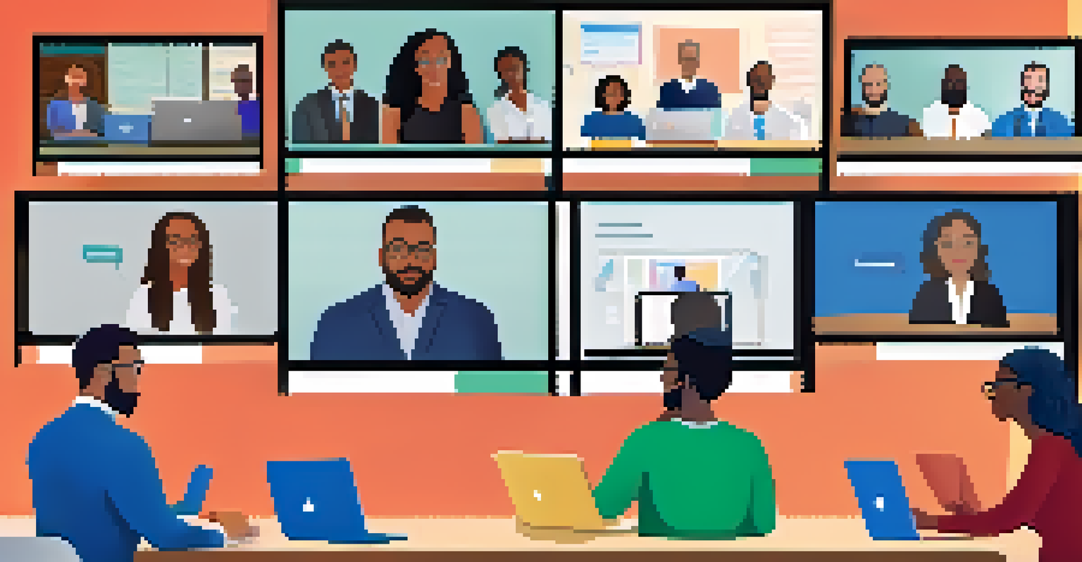A virtual meeting with diverse professionals on a split screen video call.