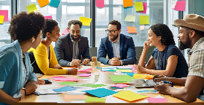 A group of diverse professionals collaborating at a conference table, engaged in brainstorming with colorful post-it notes.