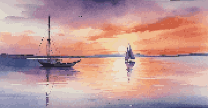 A calm sea at sunset with vibrant colors in the sky and a sailboat in the foreground.