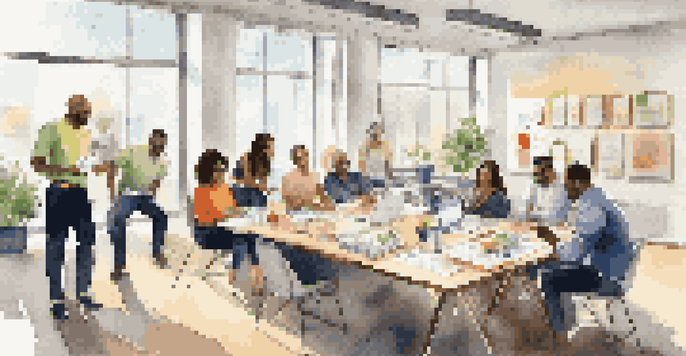 A diverse group of colleagues in a modern office enjoying a team-building activity, laughing and sharing ideas around a table with refreshments.