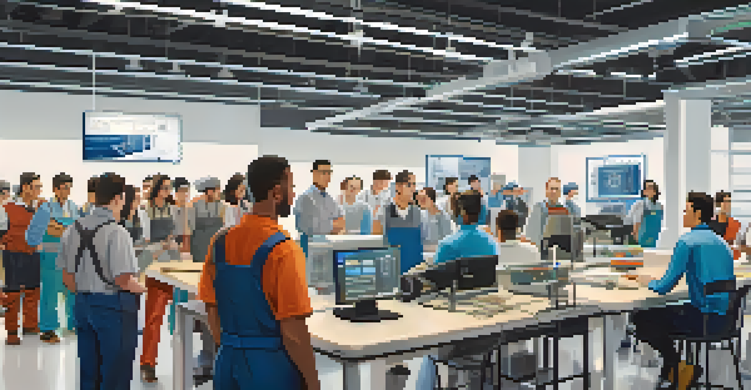 A workshop scene with workers learning about AI technologies in a manufacturing setting.