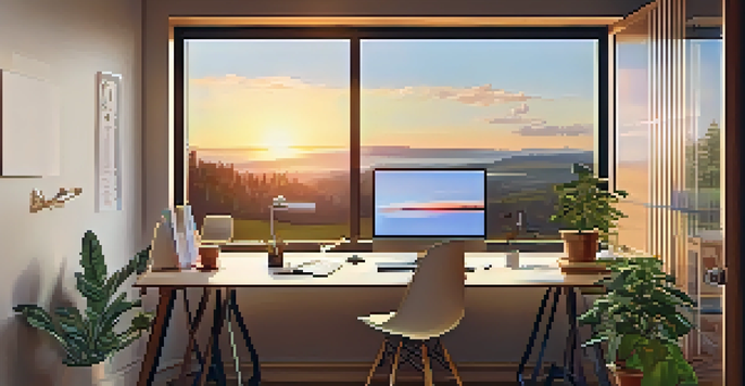 A cozy home office with a person working on a laptop, a sunset visible through the window, and a family playing outside.