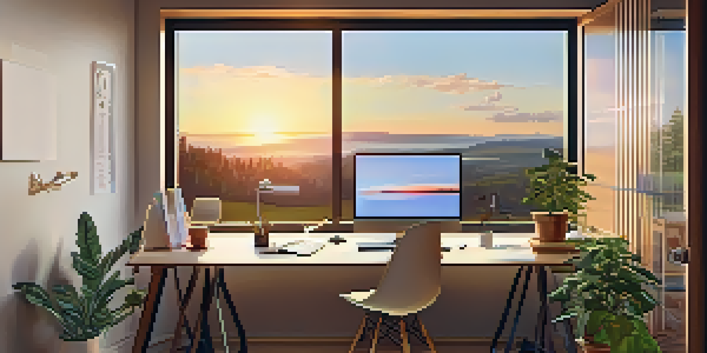 A cozy home office with a person working on a laptop, a sunset visible through the window, and a family playing outside.