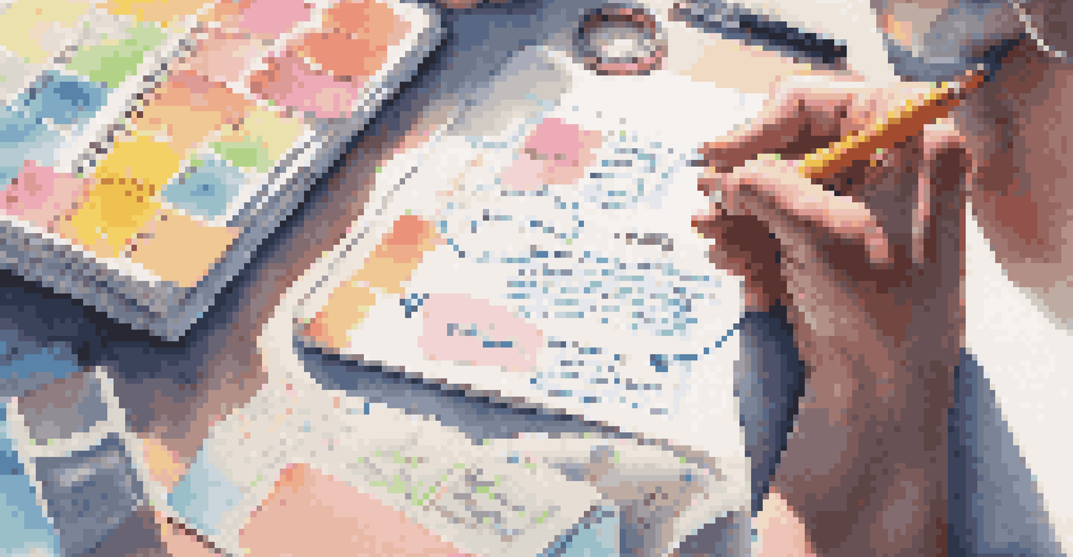 A close-up of someone writing goals in a journal, surrounded by sticky notes and pens, with a motivational poster in sight.