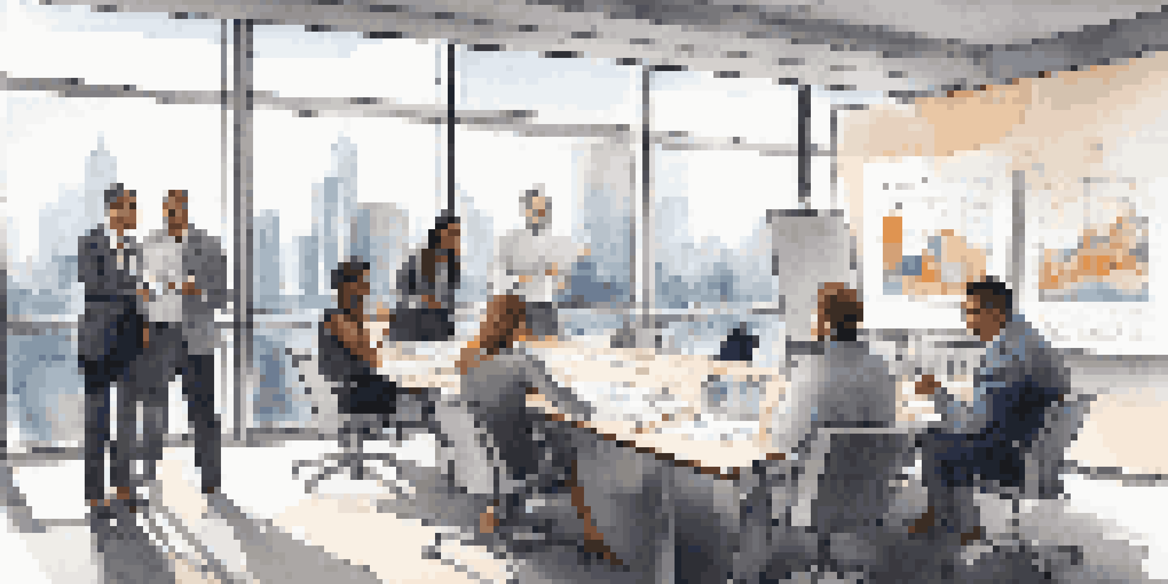 A diverse group of professionals collaborating in a bright office space, discussing ideas with charts on a screen.