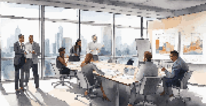 A diverse group of professionals collaborating in a bright office space, discussing ideas with charts on a screen.