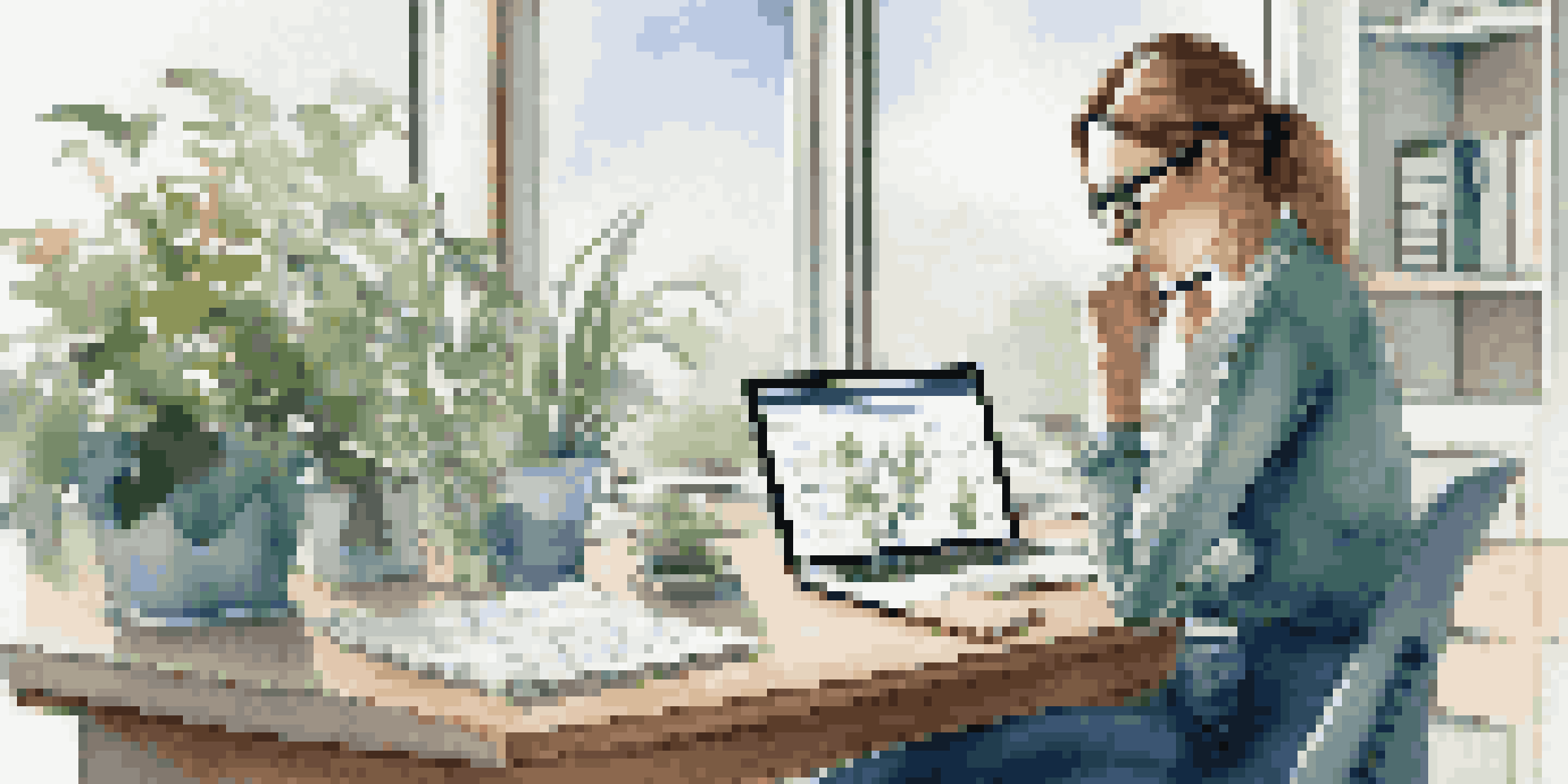 A professional woman at a desk in a modern office, looking at her career goals on a tablet, surrounded by plants and natural light.