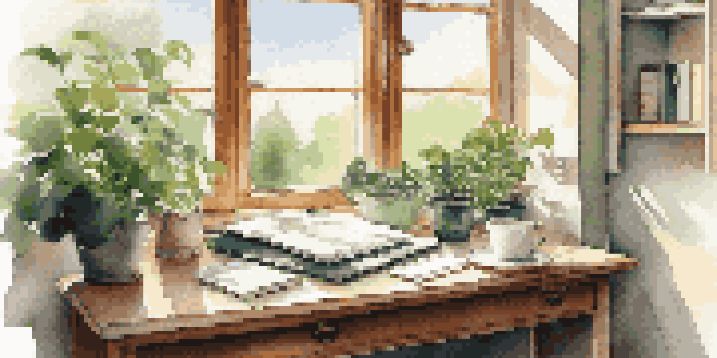 A bright office workspace with a laptop, notepad, and coffee cup on a wooden desk, illuminated by sunlight from a window.