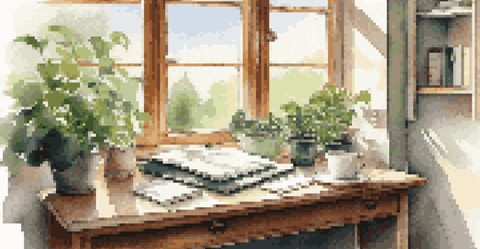 A bright office workspace with a laptop, notepad, and coffee cup on a wooden desk, illuminated by sunlight from a window.