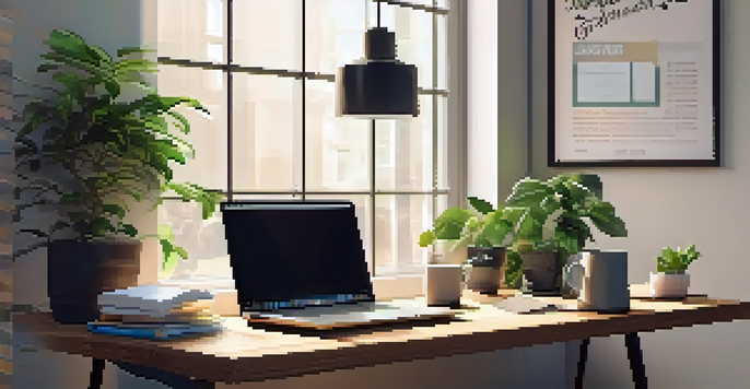A bright and clean modern office workspace with a desk, laptop, notepad, and coffee cup under natural light.