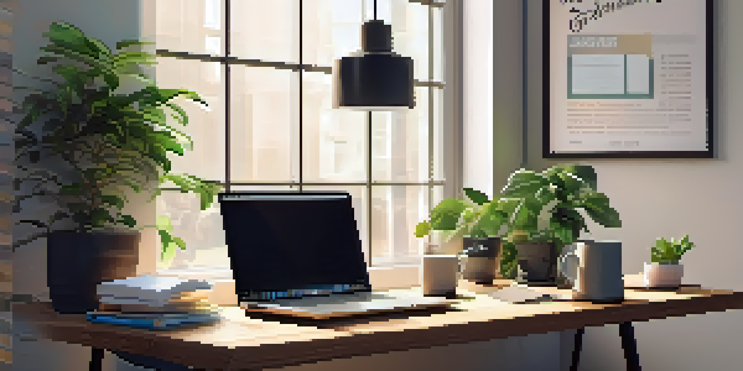 A bright and clean modern office workspace with a desk, laptop, notepad, and coffee cup under natural light.