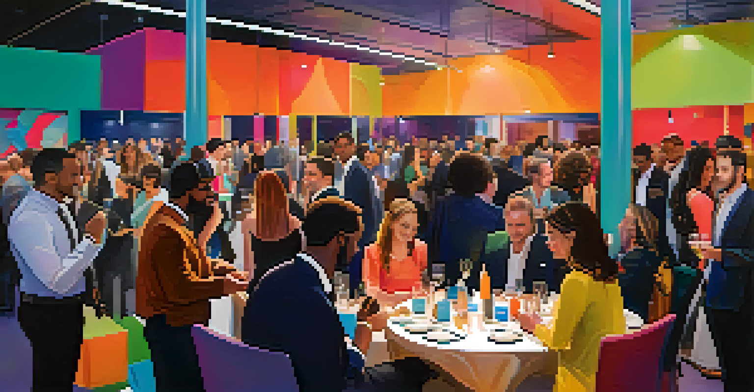 Professionals networking at a lively event, exchanging ideas and business cards in a modern venue.