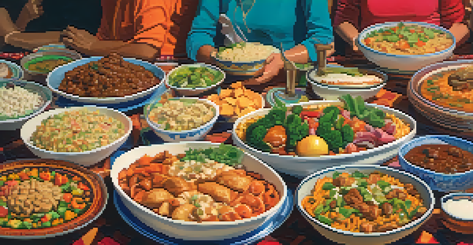 A potluck dinner table with a variety of colorful dishes representing different cultures, with people enjoying the meal in the background.