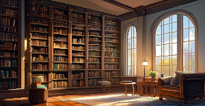 A cozy library with sunlight streaming through windows, showcasing bookshelves, a reading nook with an armchair, and a cup of coffee.