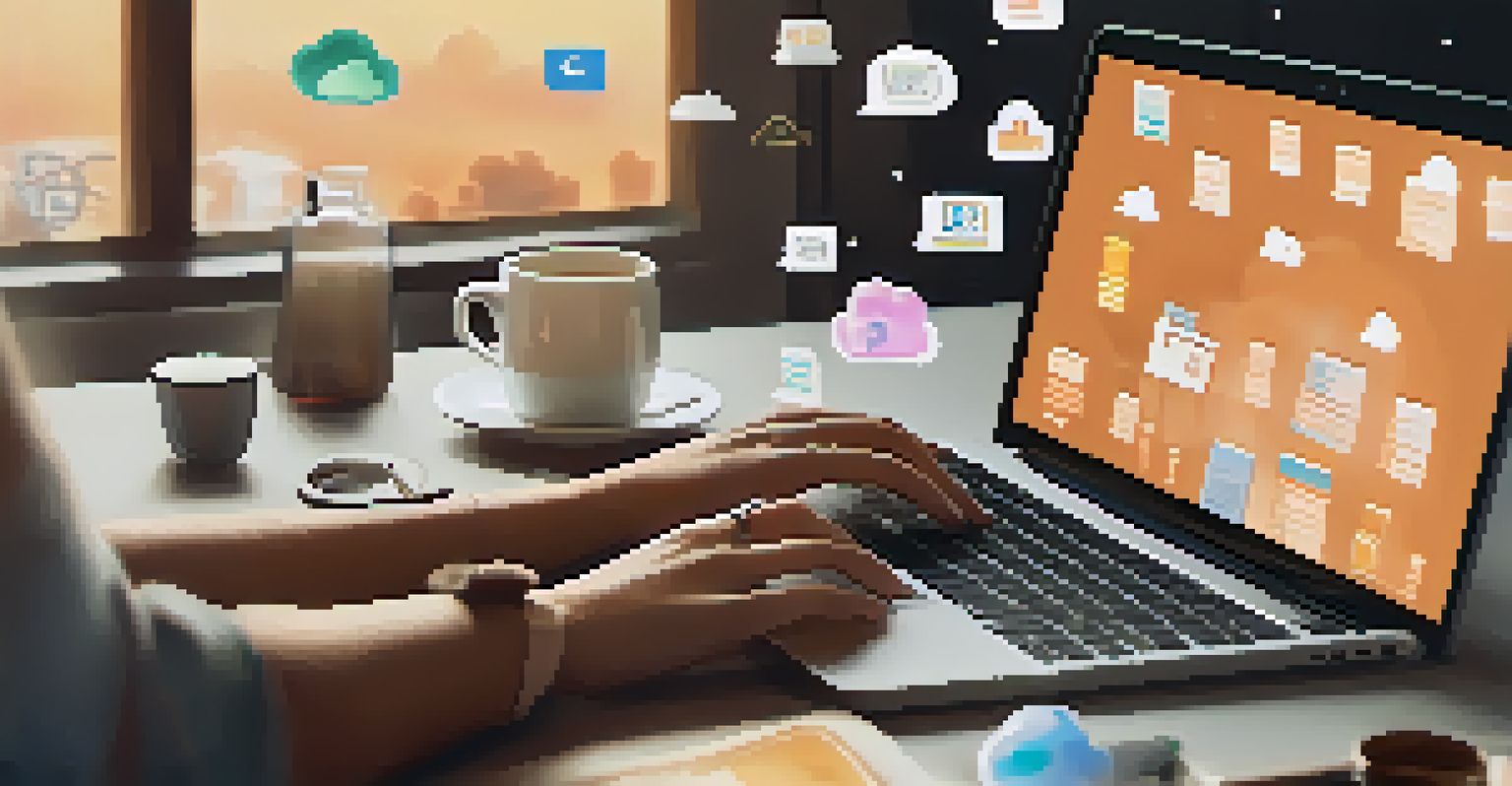 A close-up of hands typing on a laptop with cloud computing icons above the screen, set in a cozy workspace with a warm ambiance.