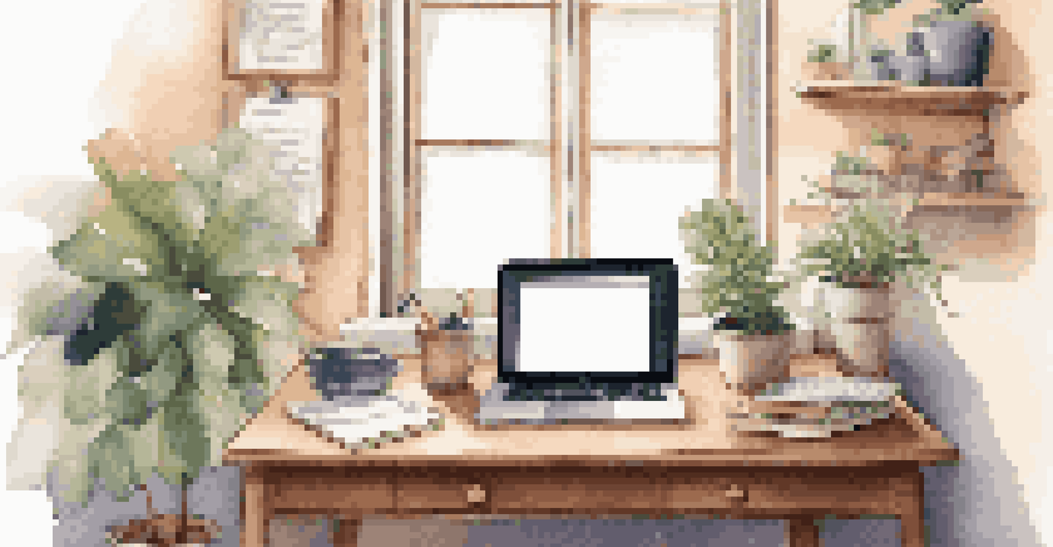 A wooden desk with a laptop and a notepad, illuminated by soft light from a window.
