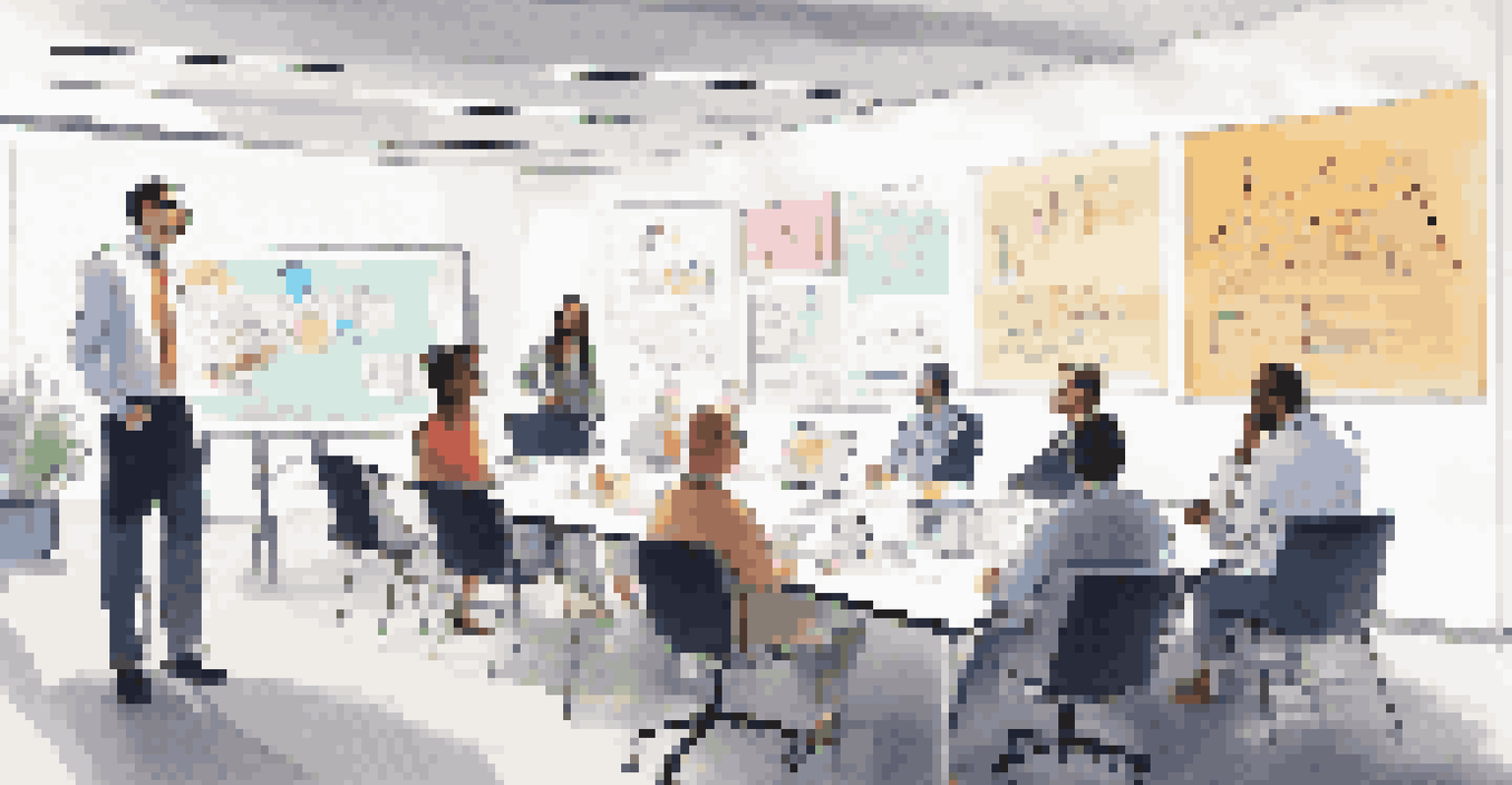 A project manager leading a meeting in a modern office, with team members engaged and a whiteboard filled with notes.