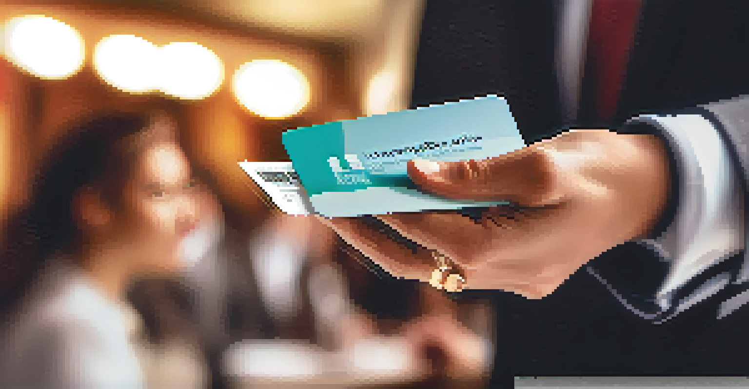 A close-up of a hand offering a business card at a networking event, showcasing the card's vibrant design.